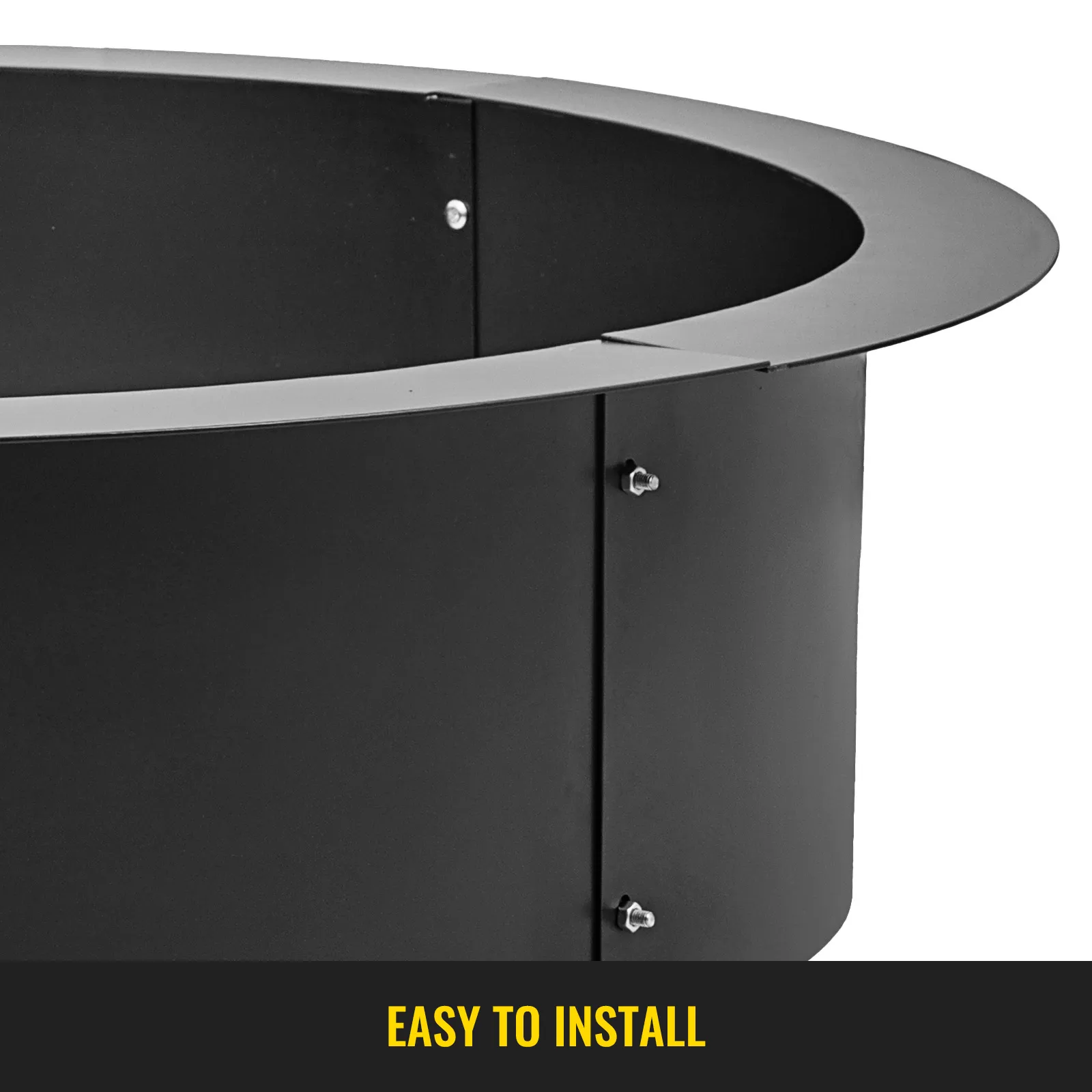 VEVOR fire pit ring in black with bolted joints, easy to install text below.