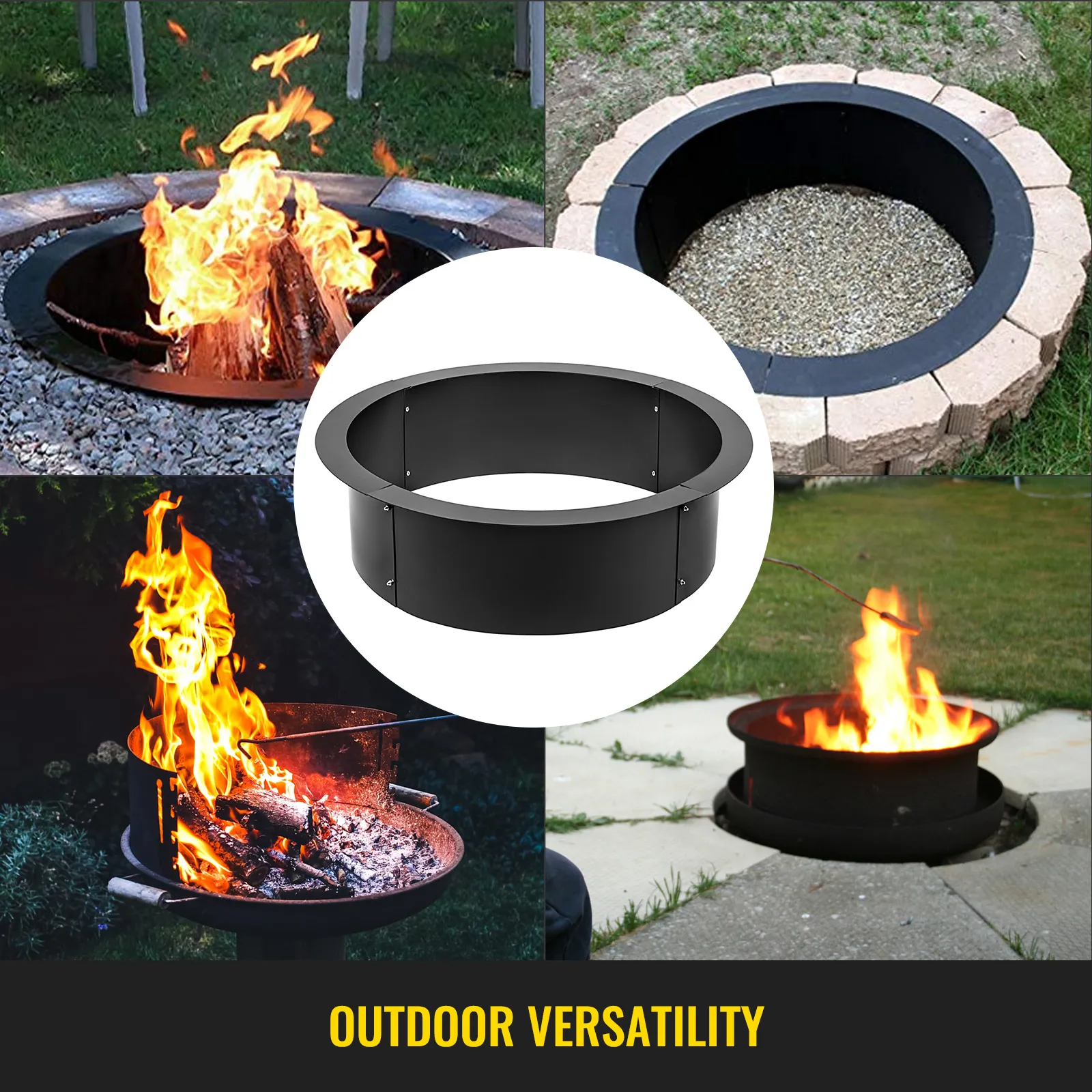 VEVOR fire pit ring in various outdoor settings showcasing versatility.
