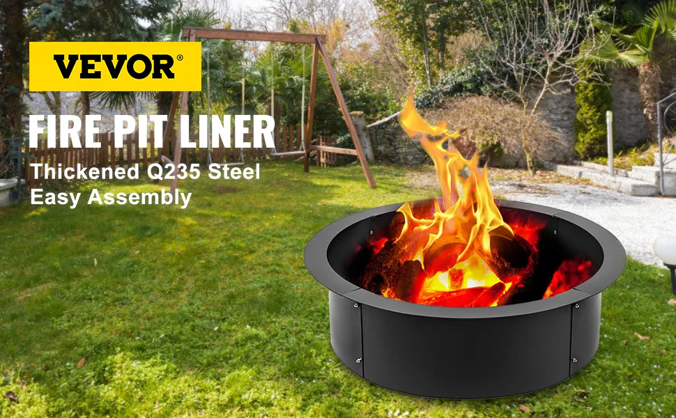 VEVOR fire pit ring with burning fire on green lawn in backyard.