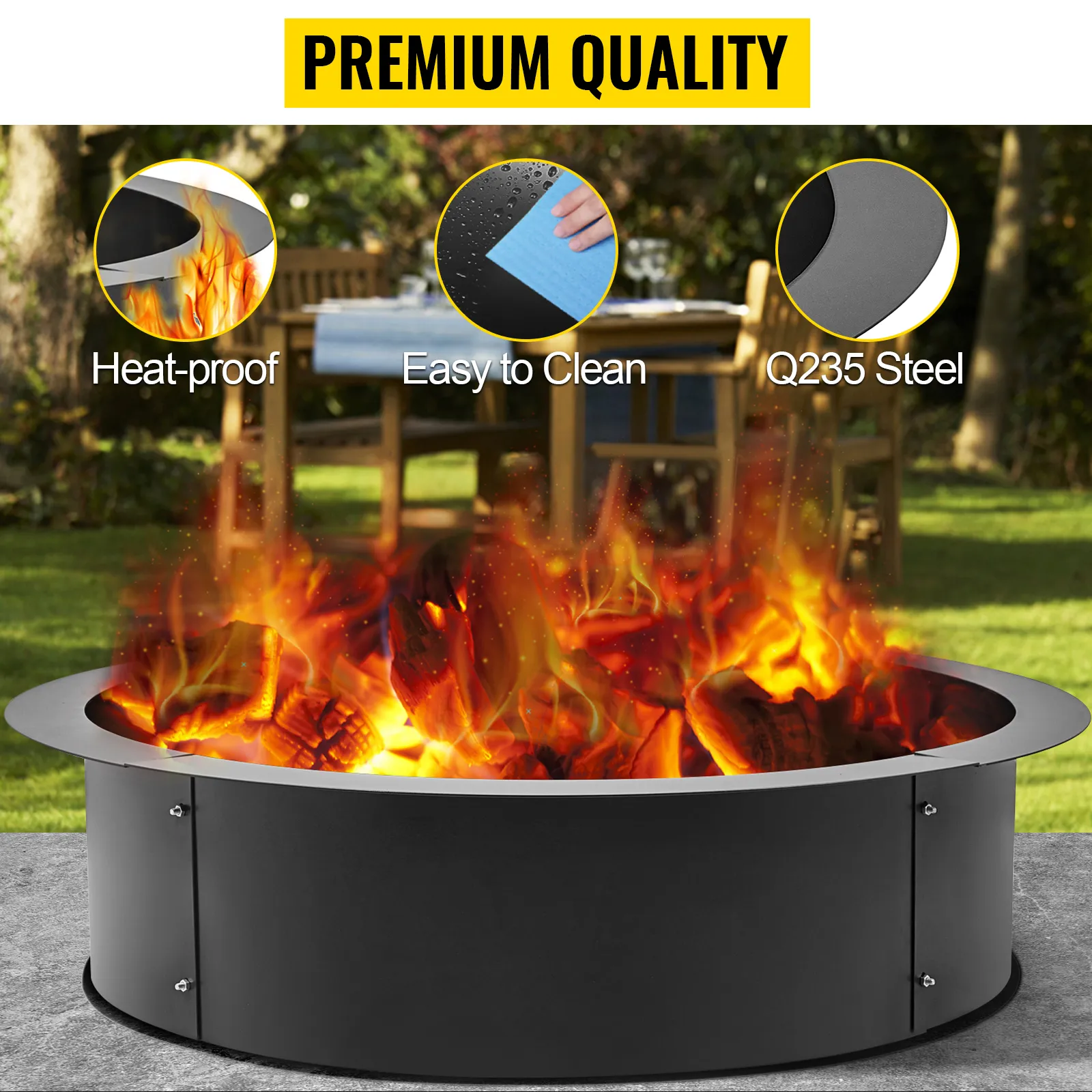 VEVOR fire pit ring with heat-proof, easy to clean q235 steel, and premium quality.