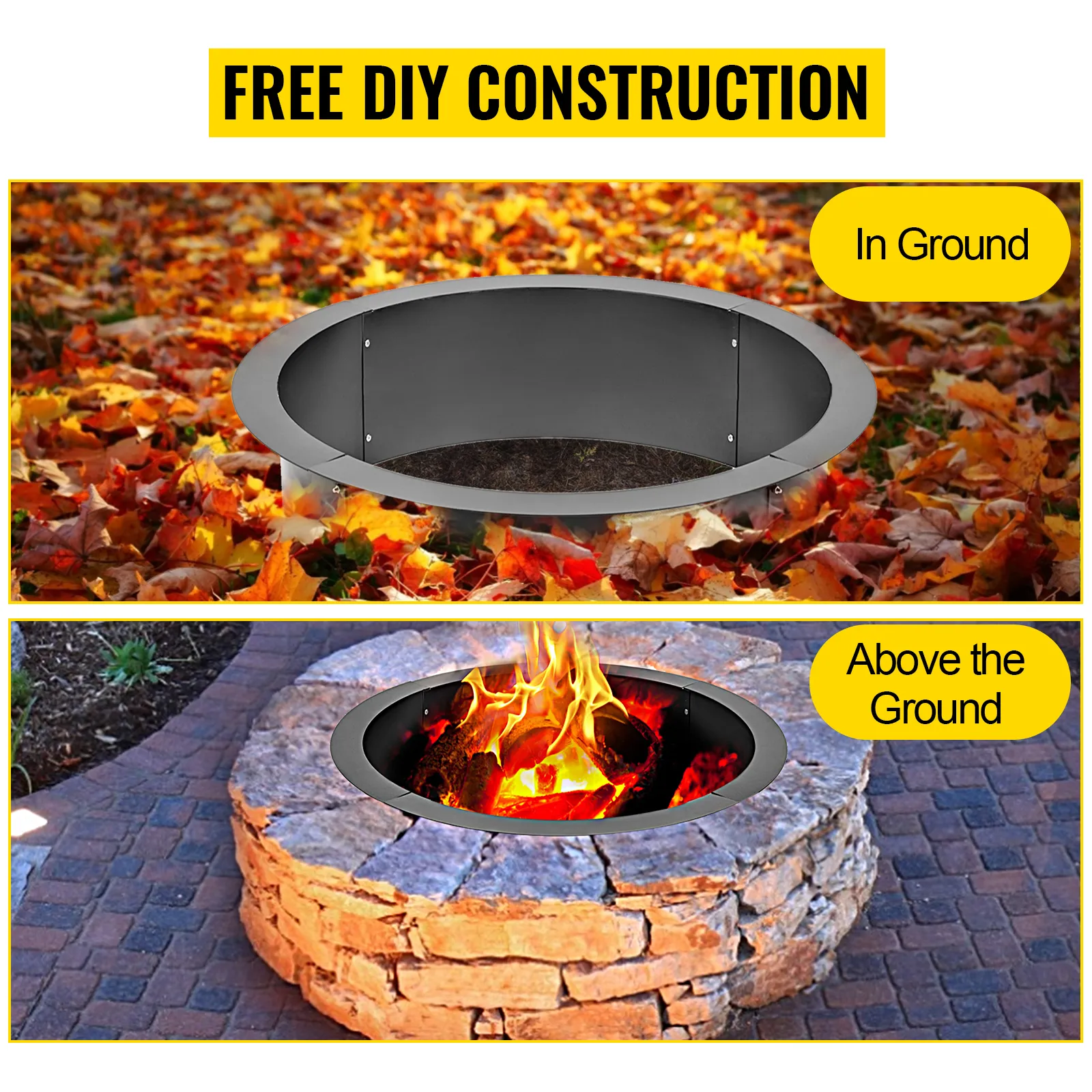 VEVOR fire pit ring for in-ground and above-ground diy fire pit construction.