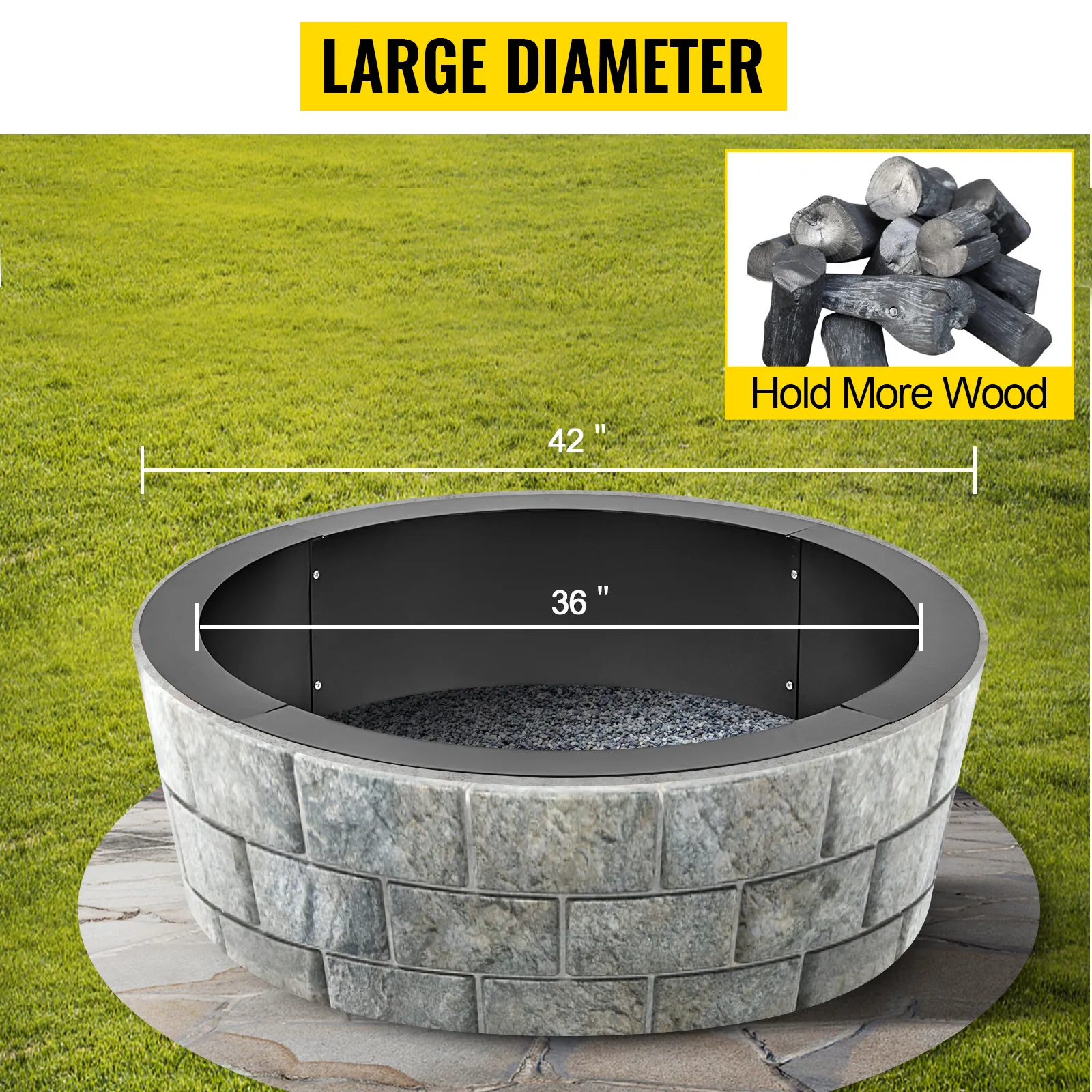 VEVOR fire pit ring with large 42" diameter and inner 36" size on green lawn.