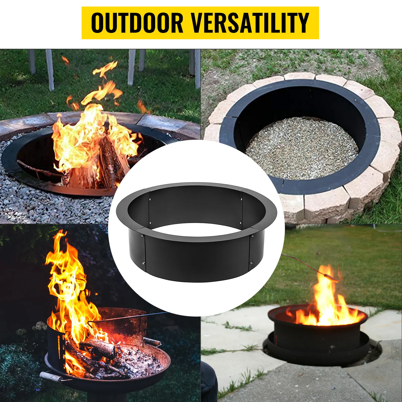 VEVOR fire pit ring in various outdoor settings with flames, bricks, and gravel.