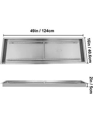 VEVOR fire pit pan, 49x16x2 inches, stainless steel, top and side view.