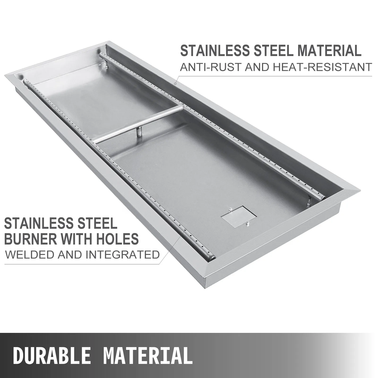 VEVOR fire pit pan, welded stainless steel burner, anti-rust, and heat-resistant.