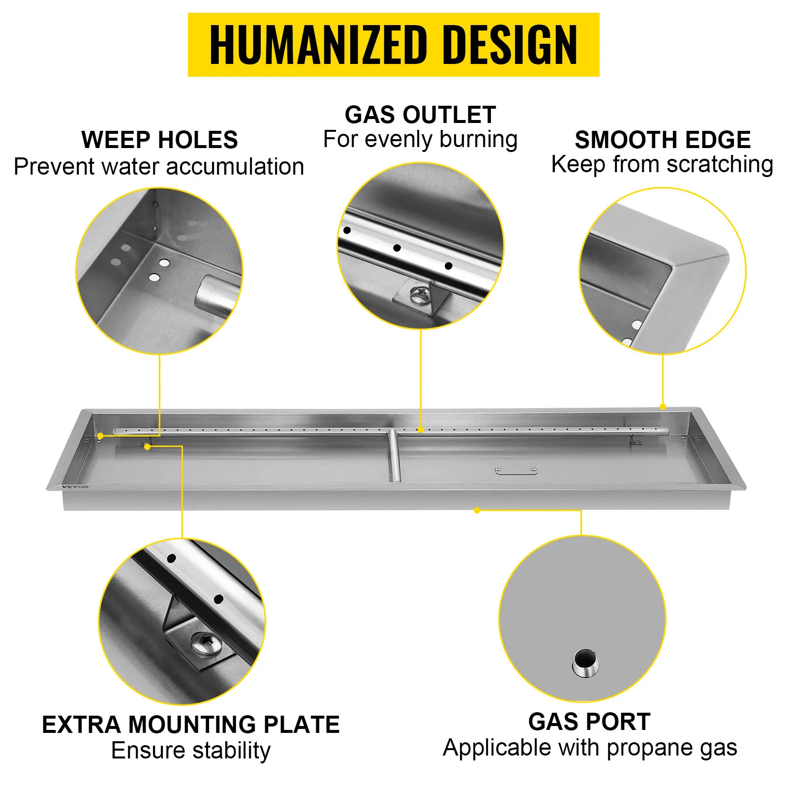 VEVOR fire pit pan features weep holes, gas outlet, smooth edge, and extra mounting plate.