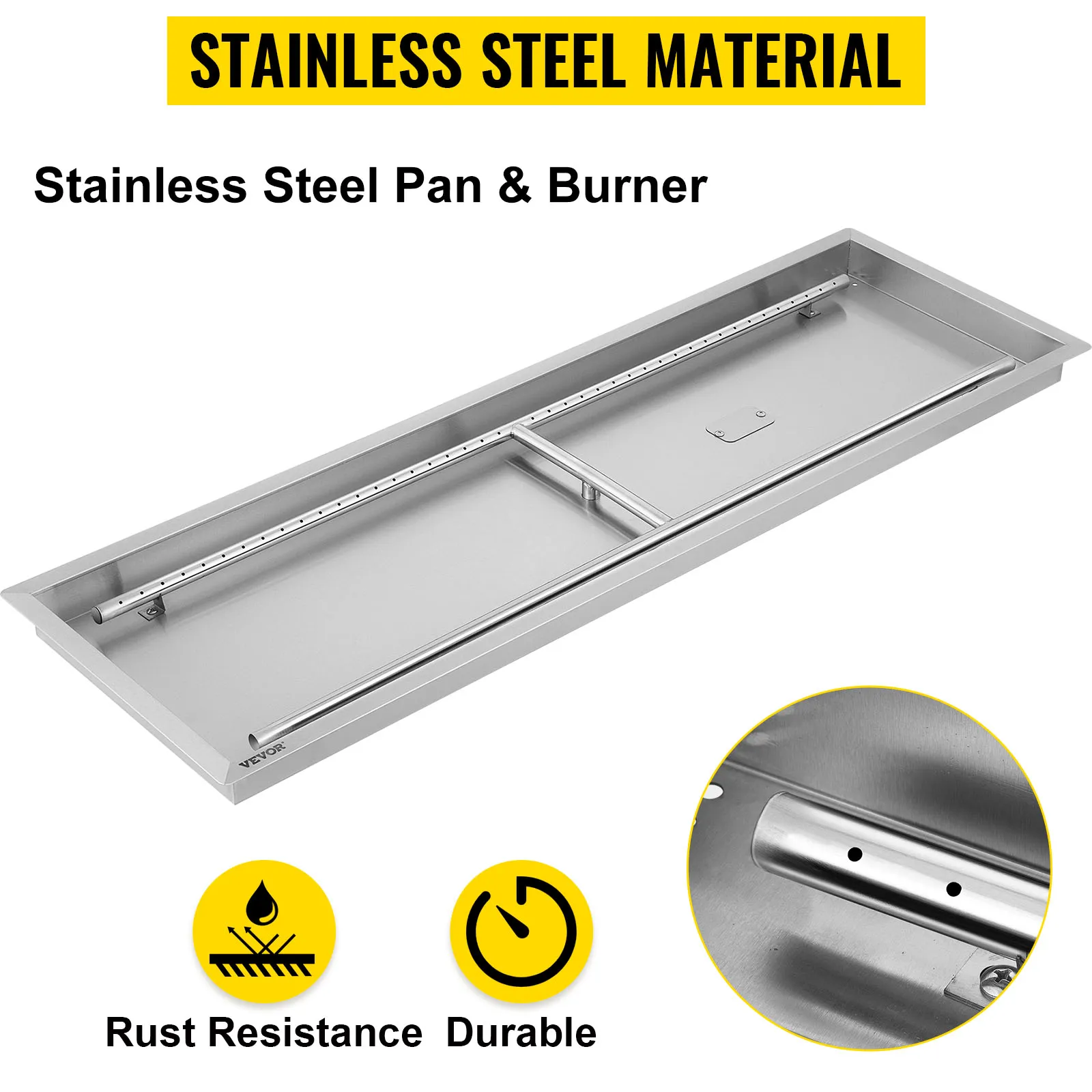 VEVOR fire pit pan made of stainless steel, rust-resistant and durable.