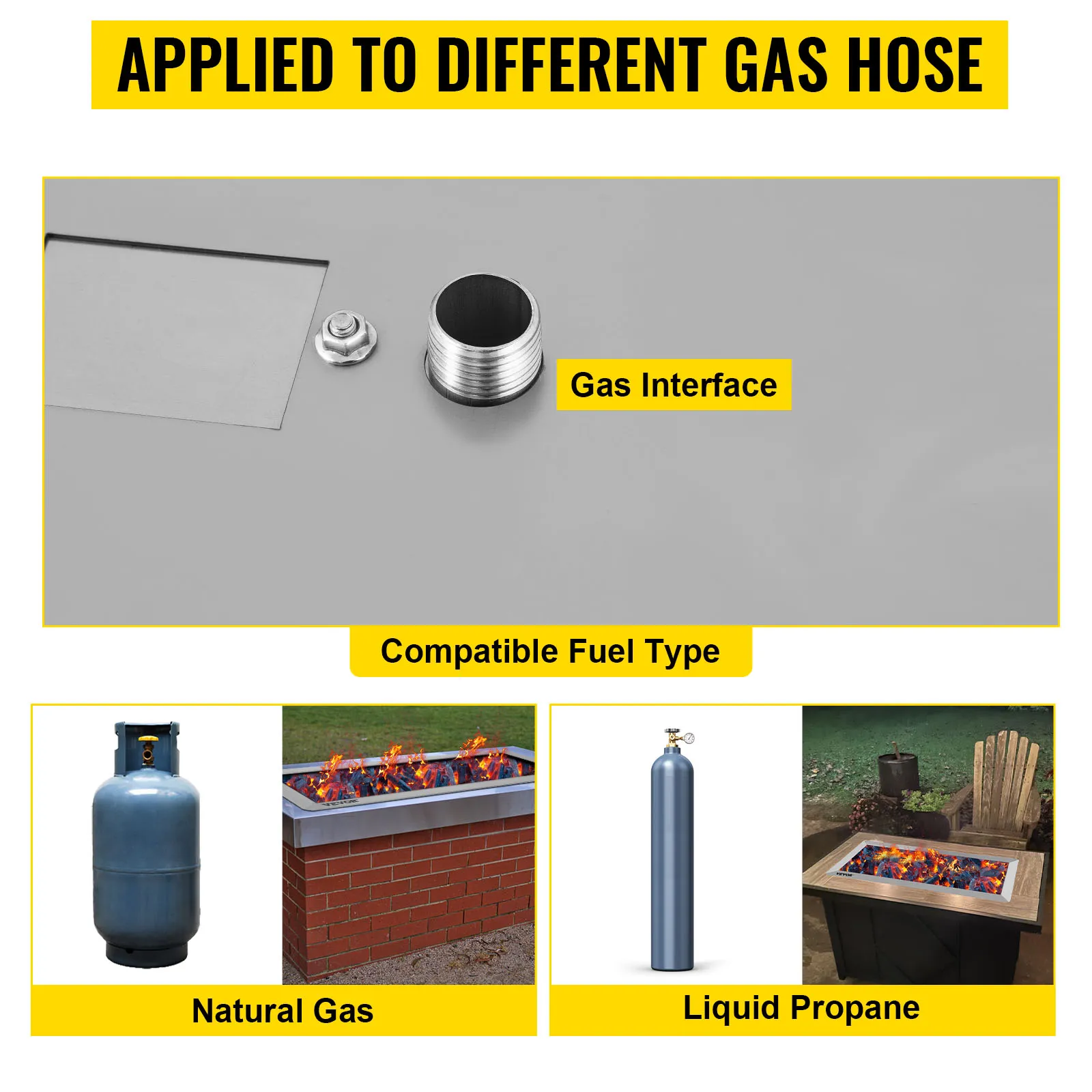 gas interface for VEVOR fire pit pan, compatible with natural gas and liquid propane.
