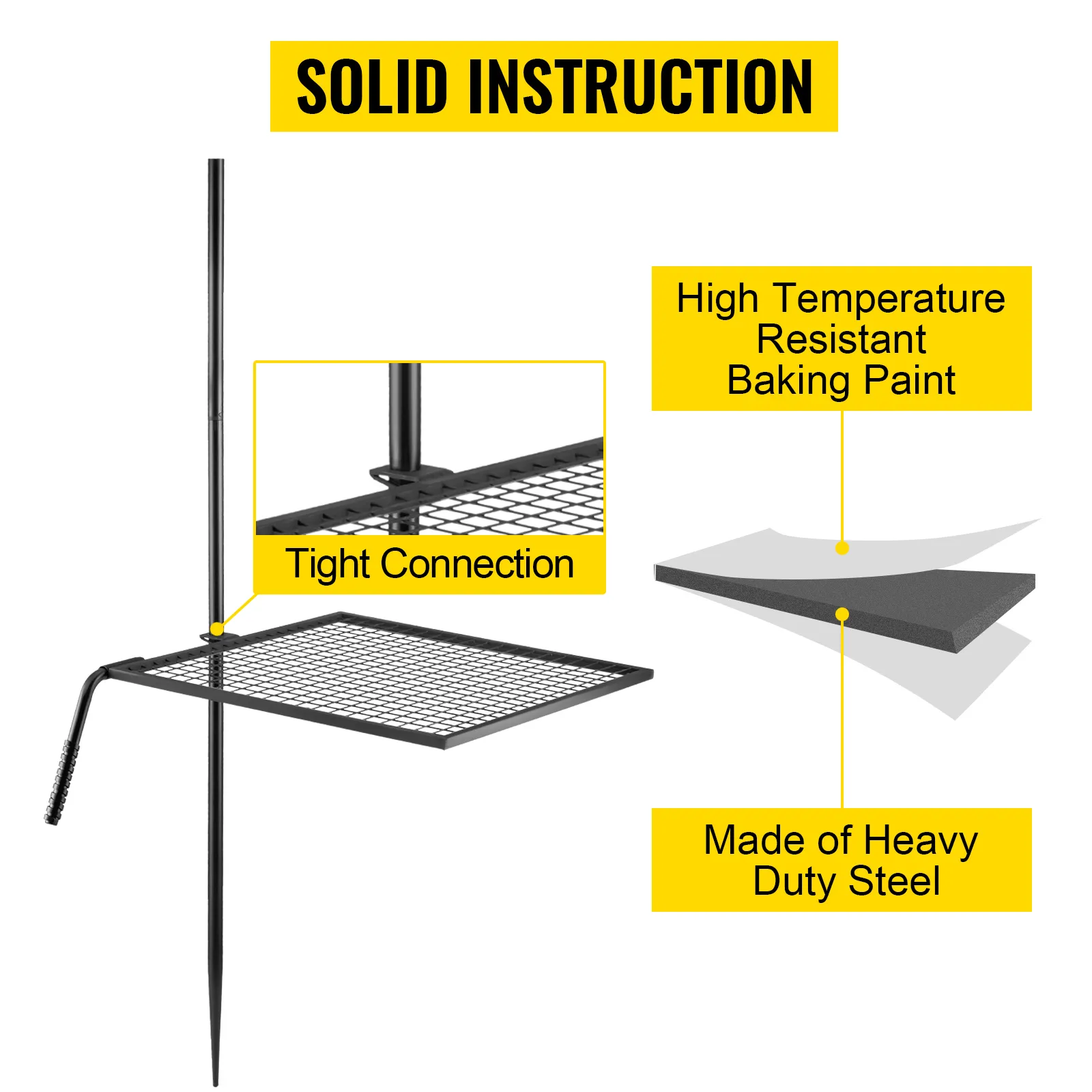 Parrilla giratoria VEVOR con conexión hermética, acero resistente y pintura resistente al calor.