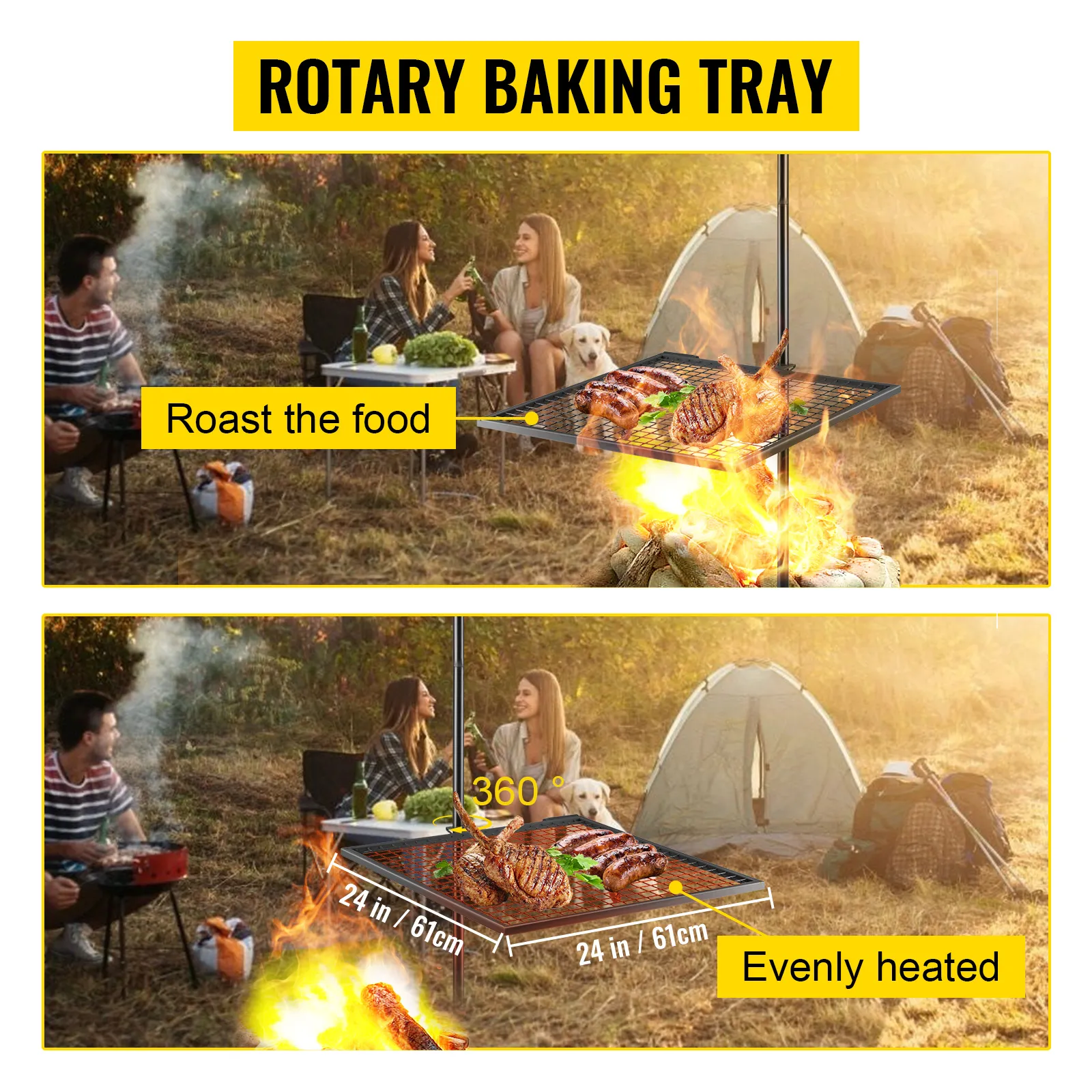 Parrilla giratoria VEVOR que asa los alimentos de manera uniforme en una bandeja para hornear giratoria de 24 pulgadas junto a un campamento.
