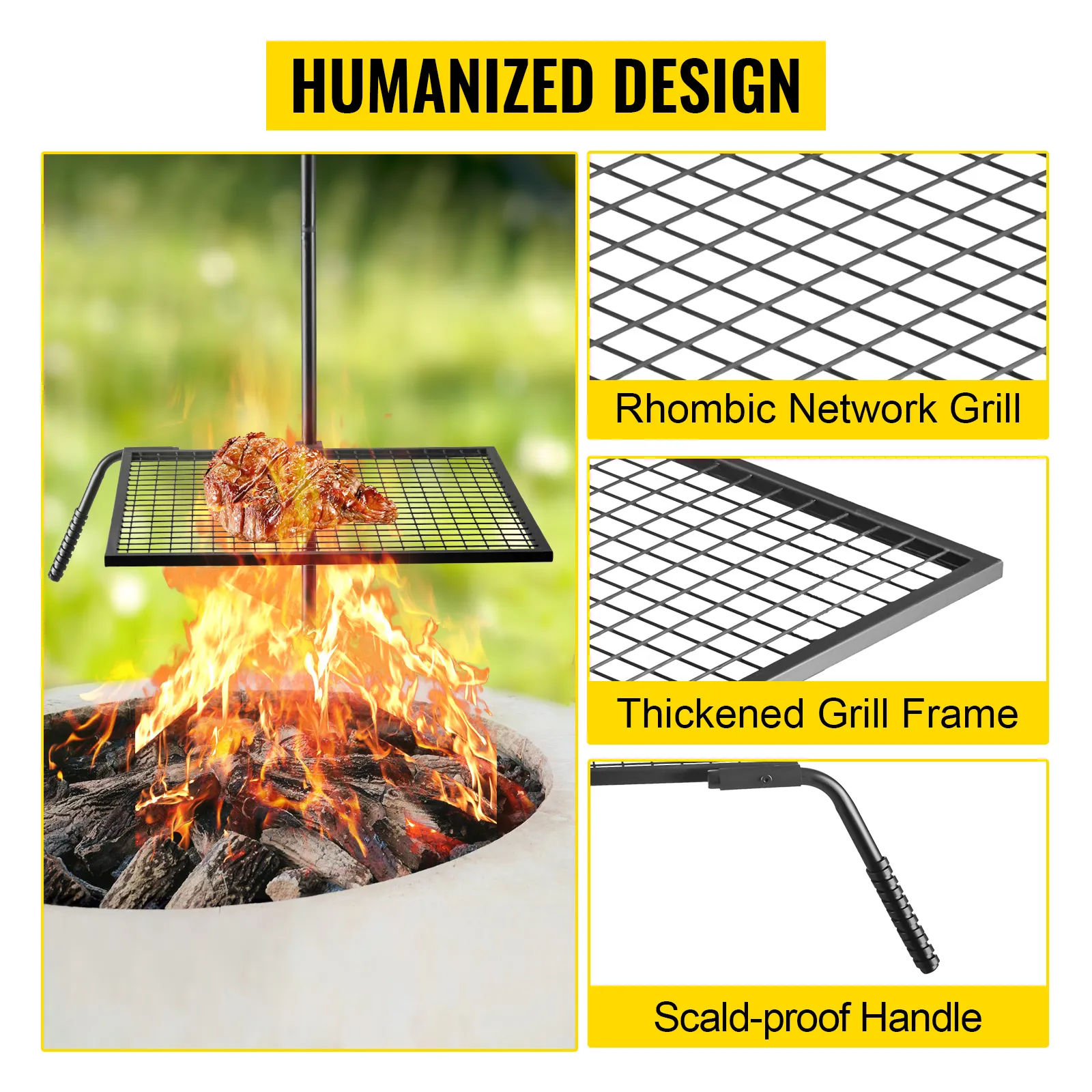 Parrilla giratoria VEVOR sobre fuego, con parrilla rómbica, marco engrosado y mango antiescaldaduras.