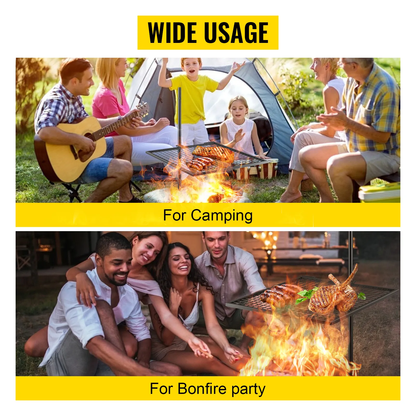 Parrilla giratoria VEVOR para acampar y hacer fogatas con amigos disfrutando de la cocina al aire libre.