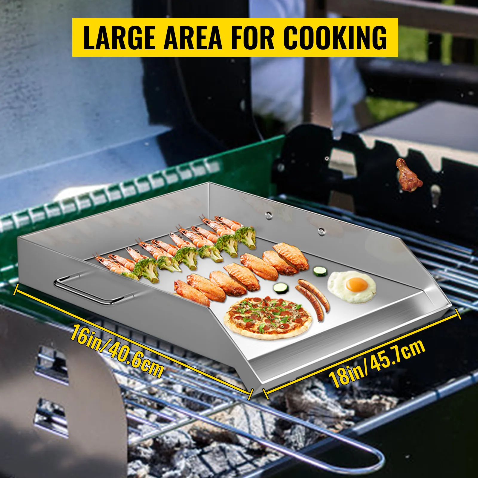 Groot kookoppervlak op een roestvrijstalen VEVOR-bakplaat met zeevruchten, pizza en eieren.