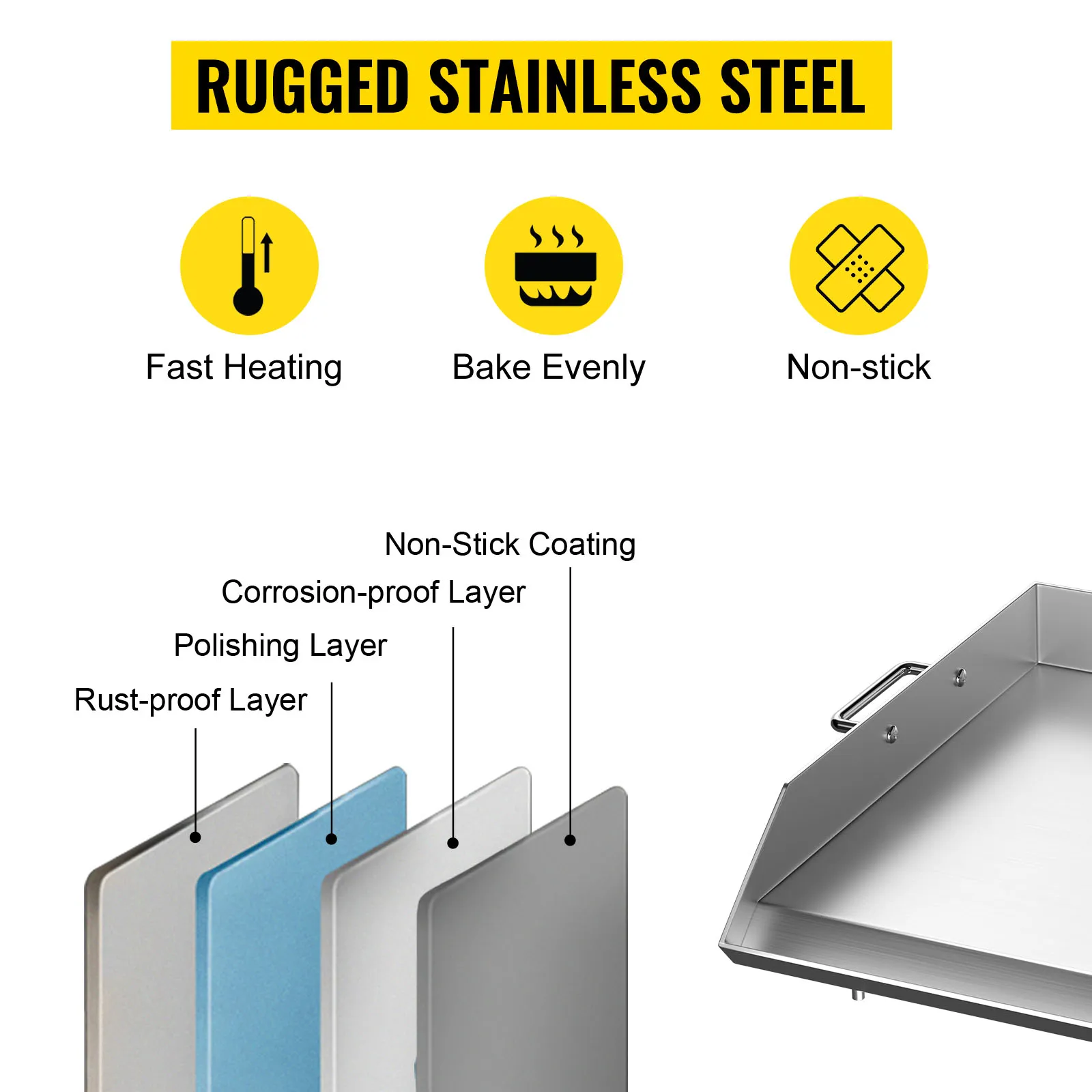 VEVOR roestvrijstalen bakplaat met snelle verwarming, gelijkmatig bakken en antiaanbakfunctie.