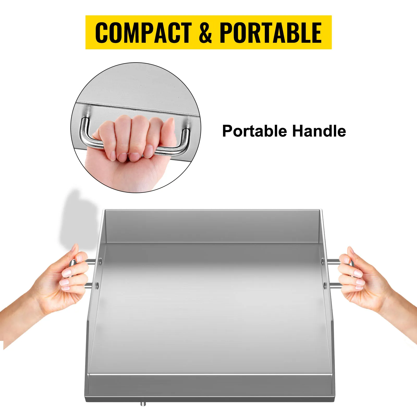 VEVOR roestvrijstalen bakplaat met handgrepen, compact en gemakkelijk mee te nemen.