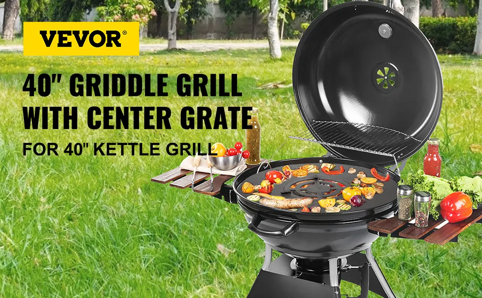 VEVOR bbq grill griddle with food and condiments, set in a green outdoor scene.