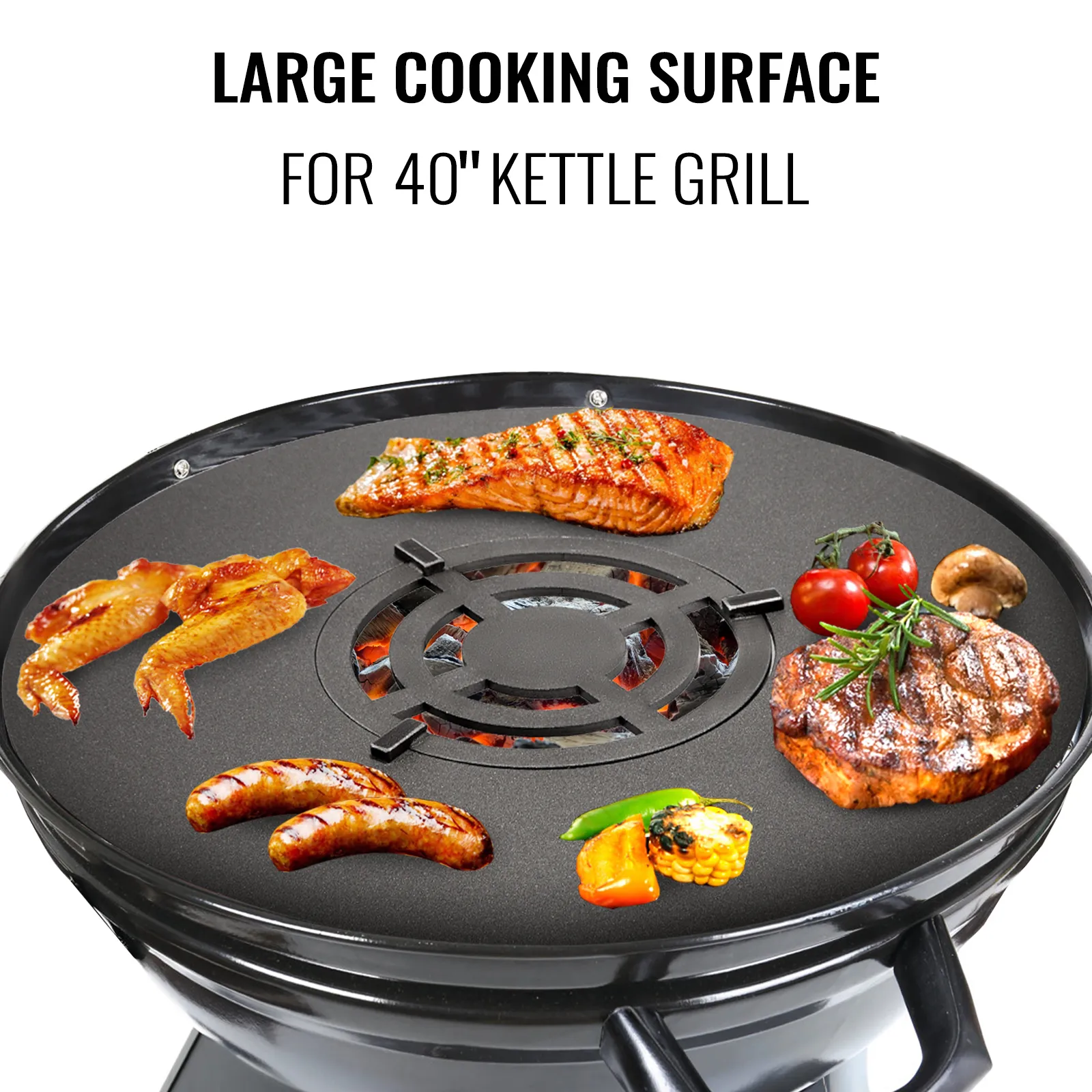 VEVOR bbq grill griddle with large cooking surface for 40" kettle grill featuring assorted meats.
