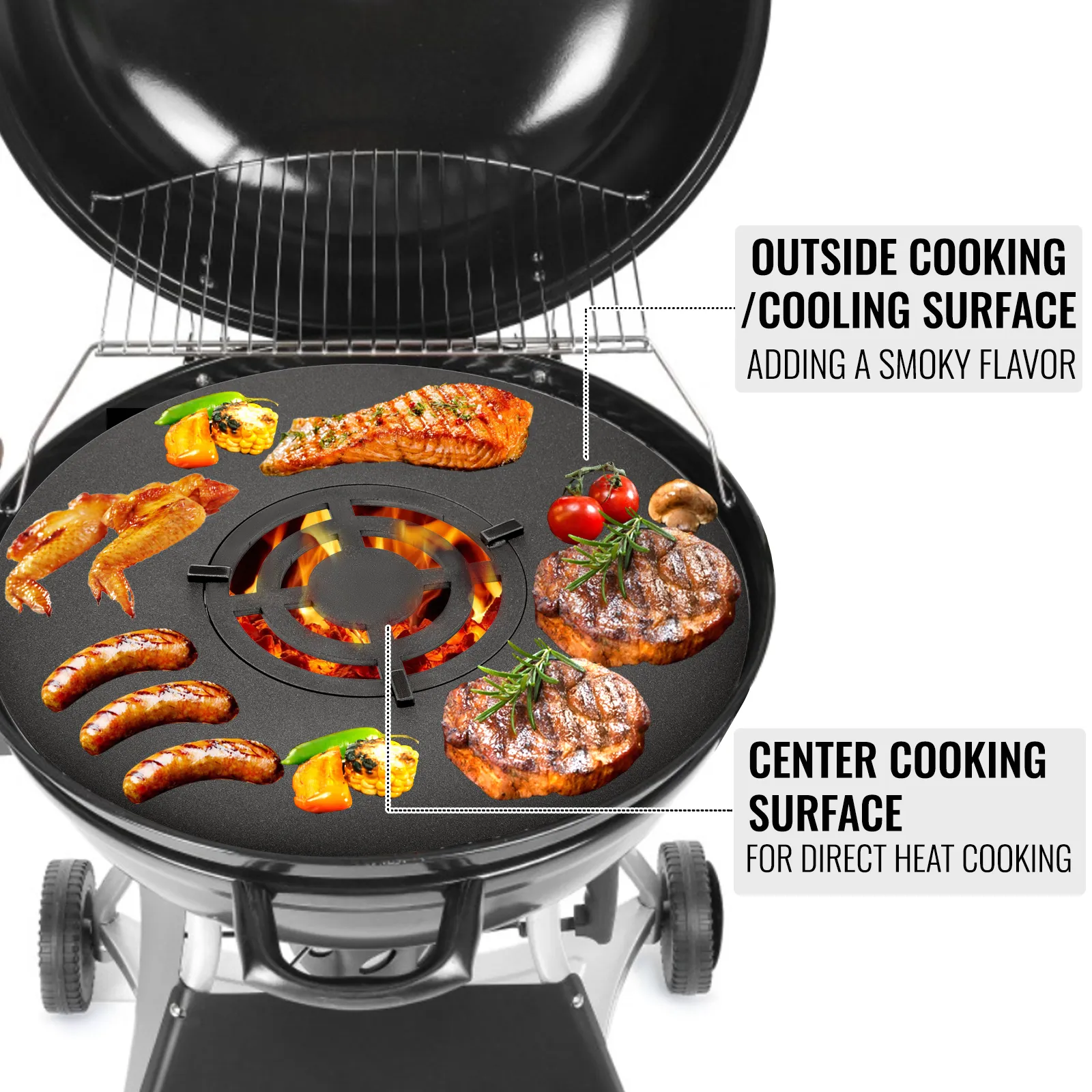 VEVOR bbq grill griddle with various meats and vegetables cooking on two surfaces.