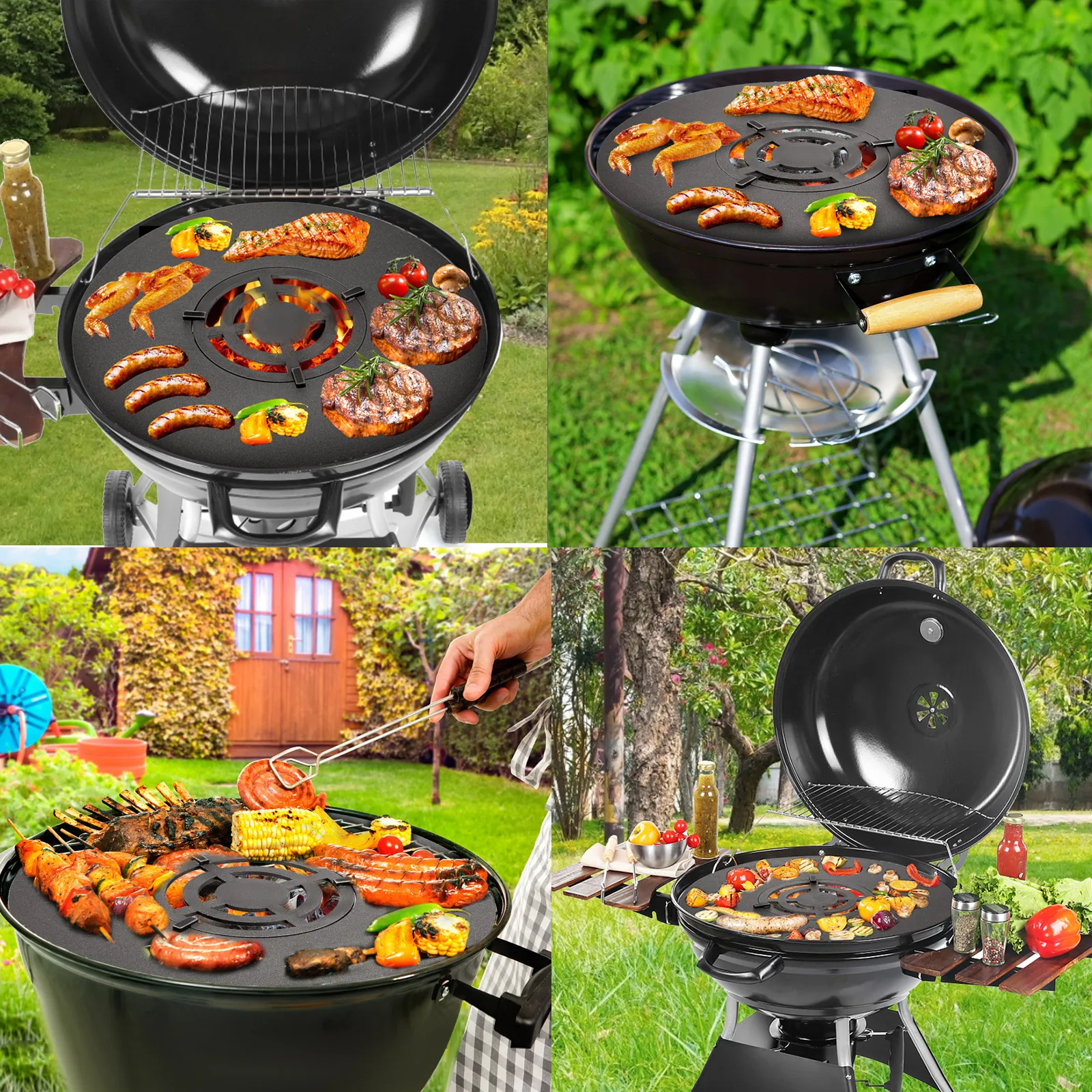 VEVOR bbq grill griddle with various meats and vegetables cooking outdoors.