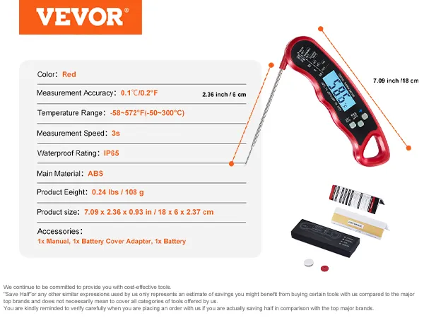 Termómetro de carne VEVOR con cuerpo de abs rojo, lecturas precisas, resistente al agua y accesorios: manual, batería.