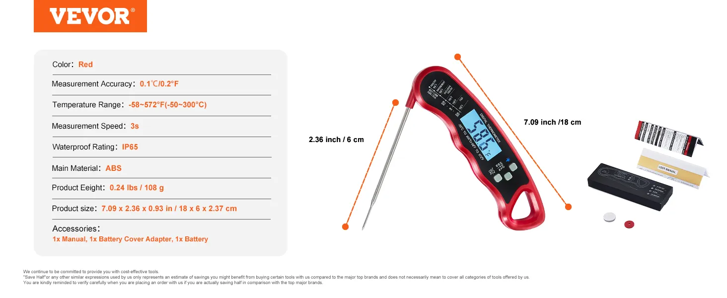 Termómetro de carne VEVOR con cuerpo de abs rojo, lecturas precisas, resistente al agua y accesorios: manual, batería.