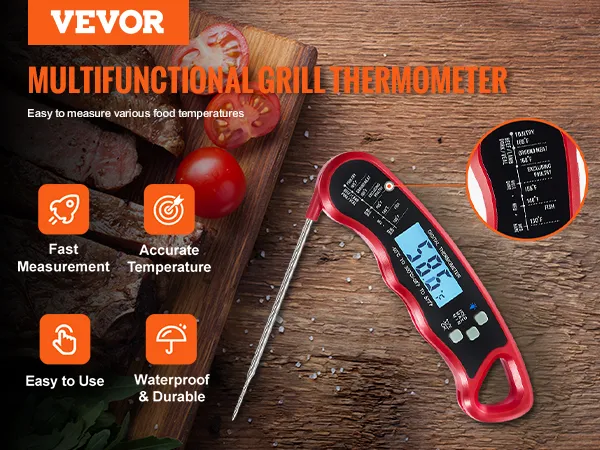 Termómetro para carne VEVOR junto a carne y verduras a la parrilla sobre una tabla de madera, resaltando características.
