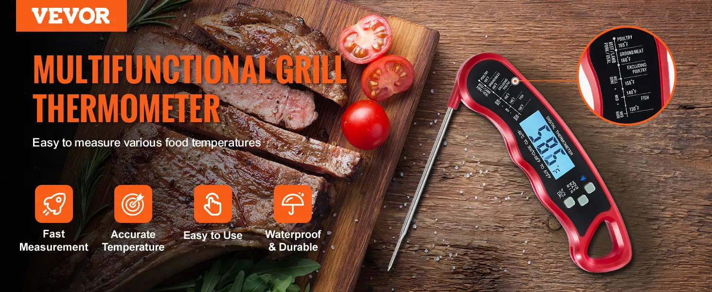 Termómetro para carne VEVOR junto a carne y verduras a la parrilla sobre una tabla de madera, resaltando características.