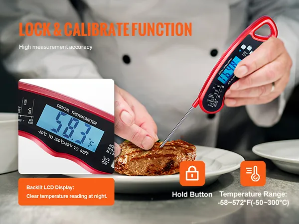 Chef usando termómetro para carne VEVOR en un bistec con pantalla LCD retroiluminada y rango de temperatura de -58 ~ 572 ° F.
