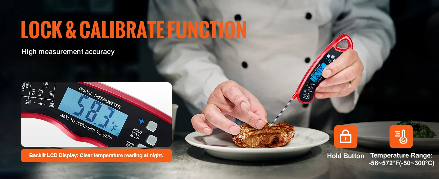 Chef usando termómetro para carne VEVOR en un bistec con pantalla LCD retroiluminada y rango de temperatura de -58 ~ 572 ° F.