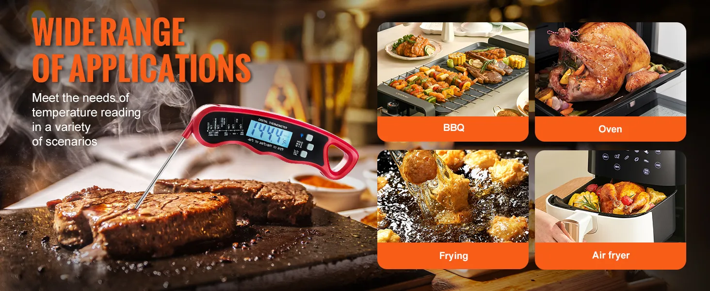Termómetro de carne VEVOR que muestra la temperatura del bistec, con aplicaciones para barbacoa, horno, fritura y freidora de aire.
