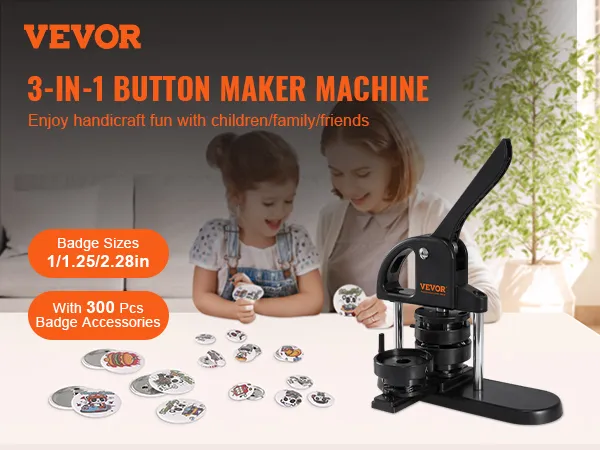 VEVOR button maker 3-in-1 machine with 300 pcs badge accessories for kids and family fun activities.