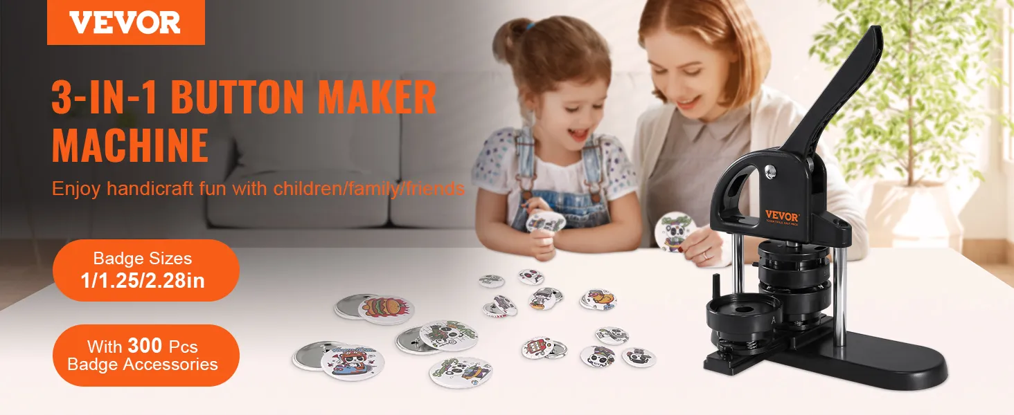 VEVOR button maker 3-in-1 machine with 300 pcs badge accessories for kids and family fun activities.