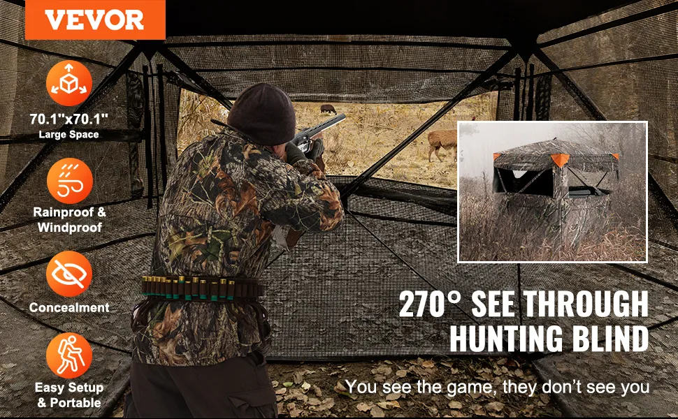 hunter aiming inside a VEVOR hunting blind with 270° visibility, camo design, easy setup, rainproof and windproof.