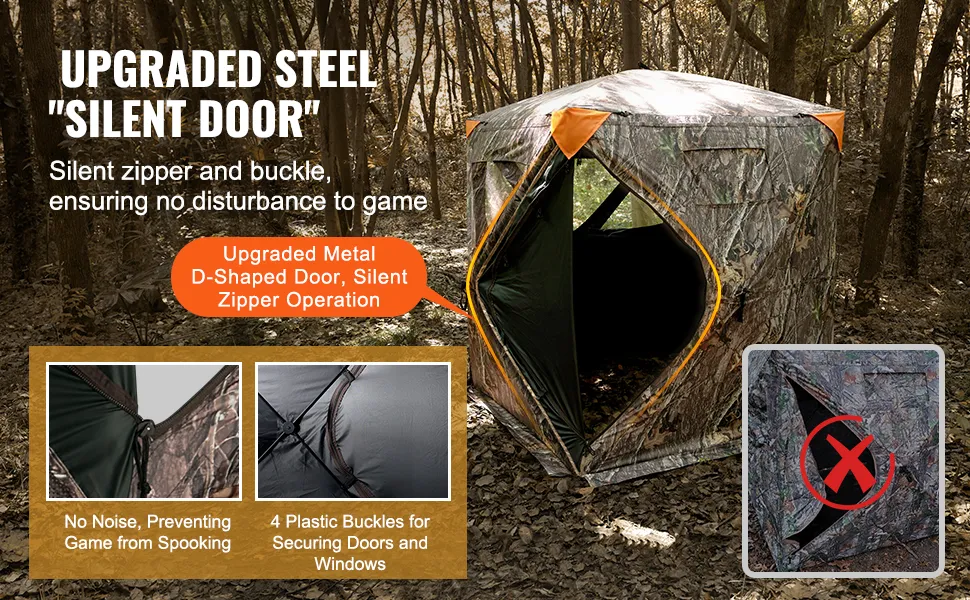 VEVOR hunting blind with upgraded silent zippers and buckles in a forest setting, camo pattern.