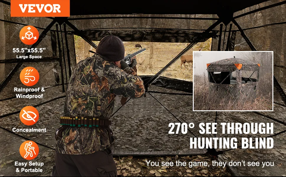 hunter aiming from inside VEVOR hunting blind, showcasing its see-through mesh and spacious interior.
