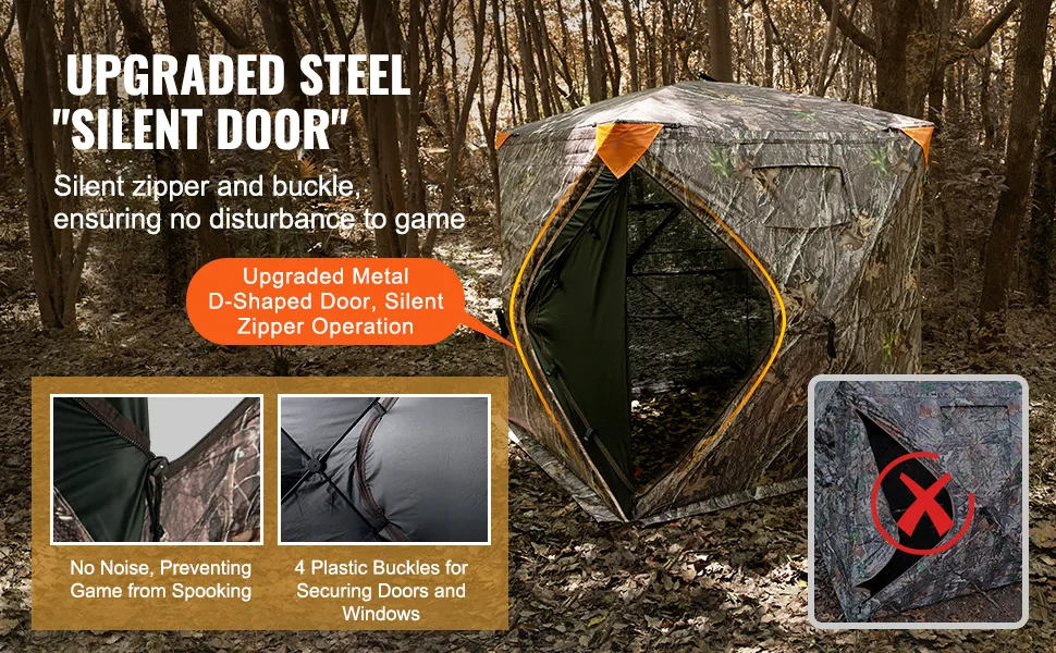 camouflage VEVOR hunting blind with upgraded silent steel door in a forest setting, silent zipper and buckle.