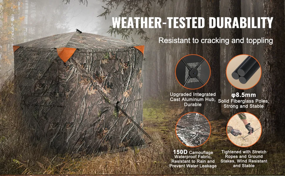 VEVOR hunting blind in a forest showcasing weather-tested durability, fiberglass poles, and camouflage fabric.
