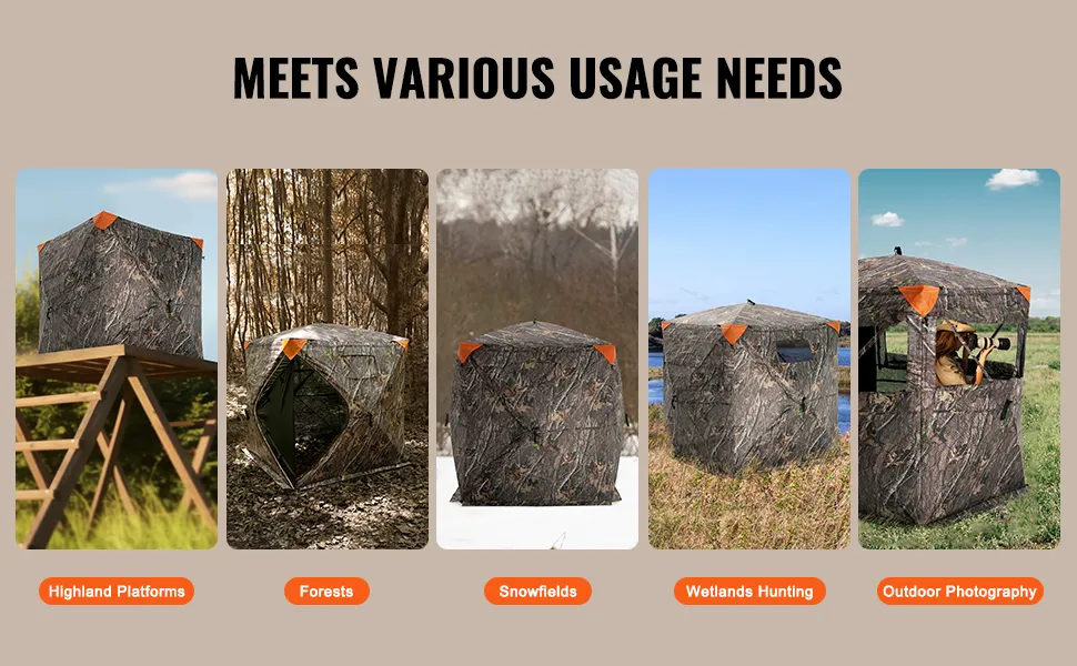 VEVOR hunting blind in various environments: highland platforms, forests, snowfields, wetlands, and outdoor photography.