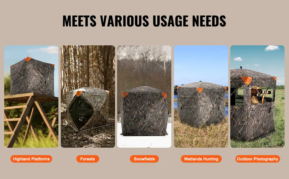 VEVOR hunting blind displayed in various environments: highland platforms, forests, snowfields, wetlands, and photography settings.