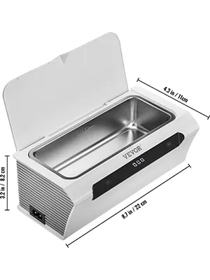 Limpiador de joyas ultrasónico VEVOR con tapa abierta y dimensiones internas etiquetadas para ancho y alto.