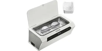Limpiador de joyas ultrasónico VEVOR con tapa abierta, vasos de limpieza y cesta extraíble.