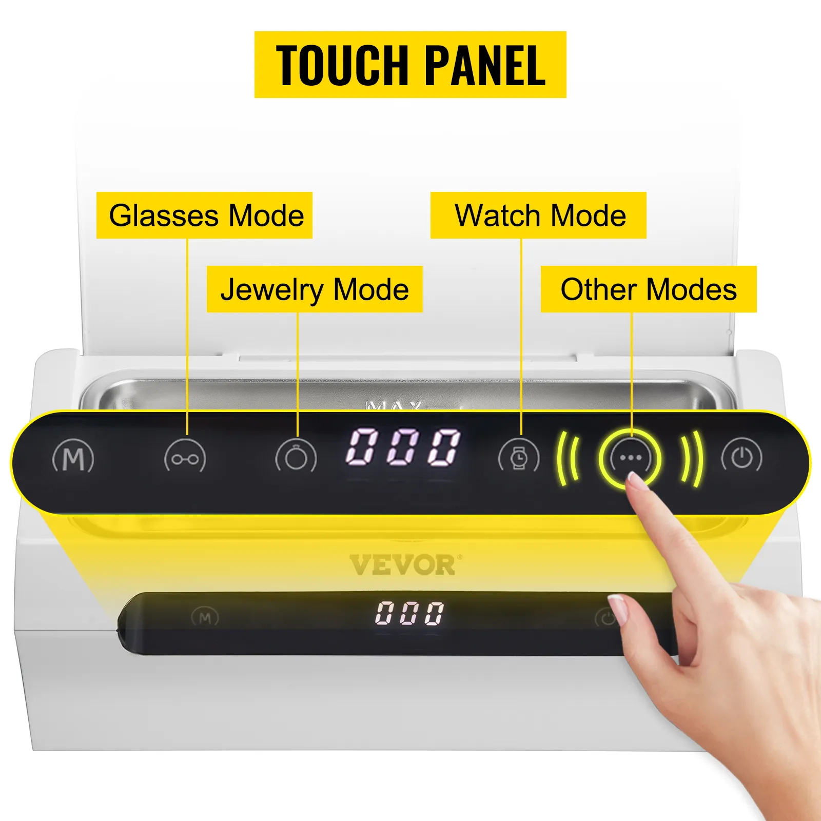 Limpiador de joyas ultrasónico VEVOR con panel táctil y modos para gafas, joyas, relojes y otros.