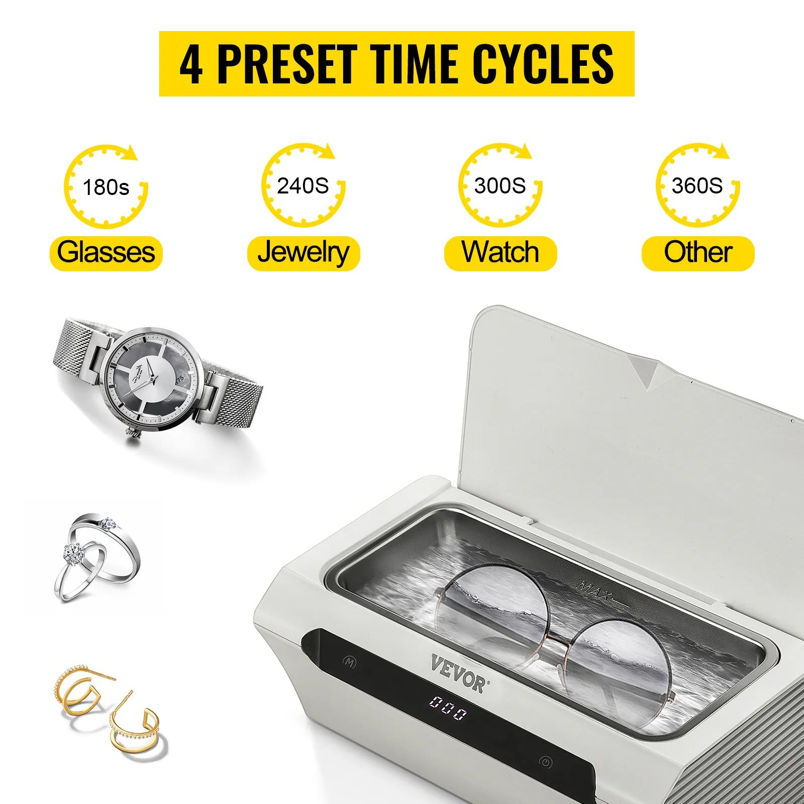 Limpiador de joyas ultrasónico VEVOR que presenta 4 ciclos de tiempo preestablecidos para gafas, joyas, relojes y más.