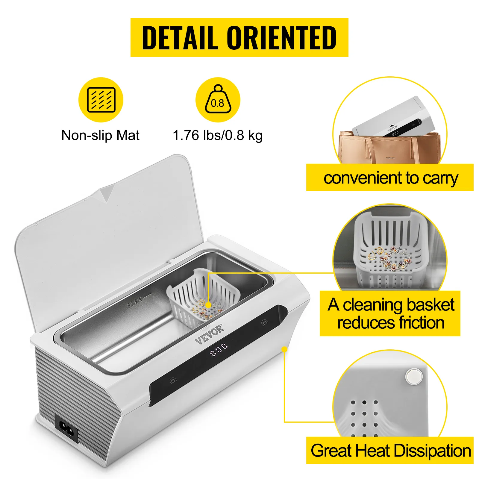 Limpiador de joyas ultrasónico VEVOR con tapete antideslizante, canasta de limpieza y fácil portabilidad.