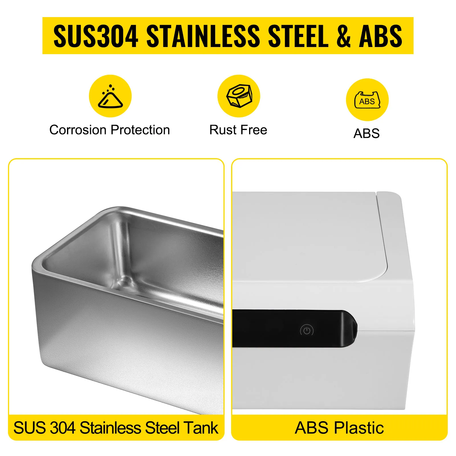 Limpiador ultrasónico de joyas VEVOR con tanque de acero inoxidable sus304 y plástico ABS, resistente al óxido y duradero.