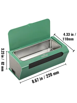 Limpiador ultrasónico de joyas VEVOR con dimensiones 8,67x3,23x4,33 pulgadas, verde y acero inoxidable.