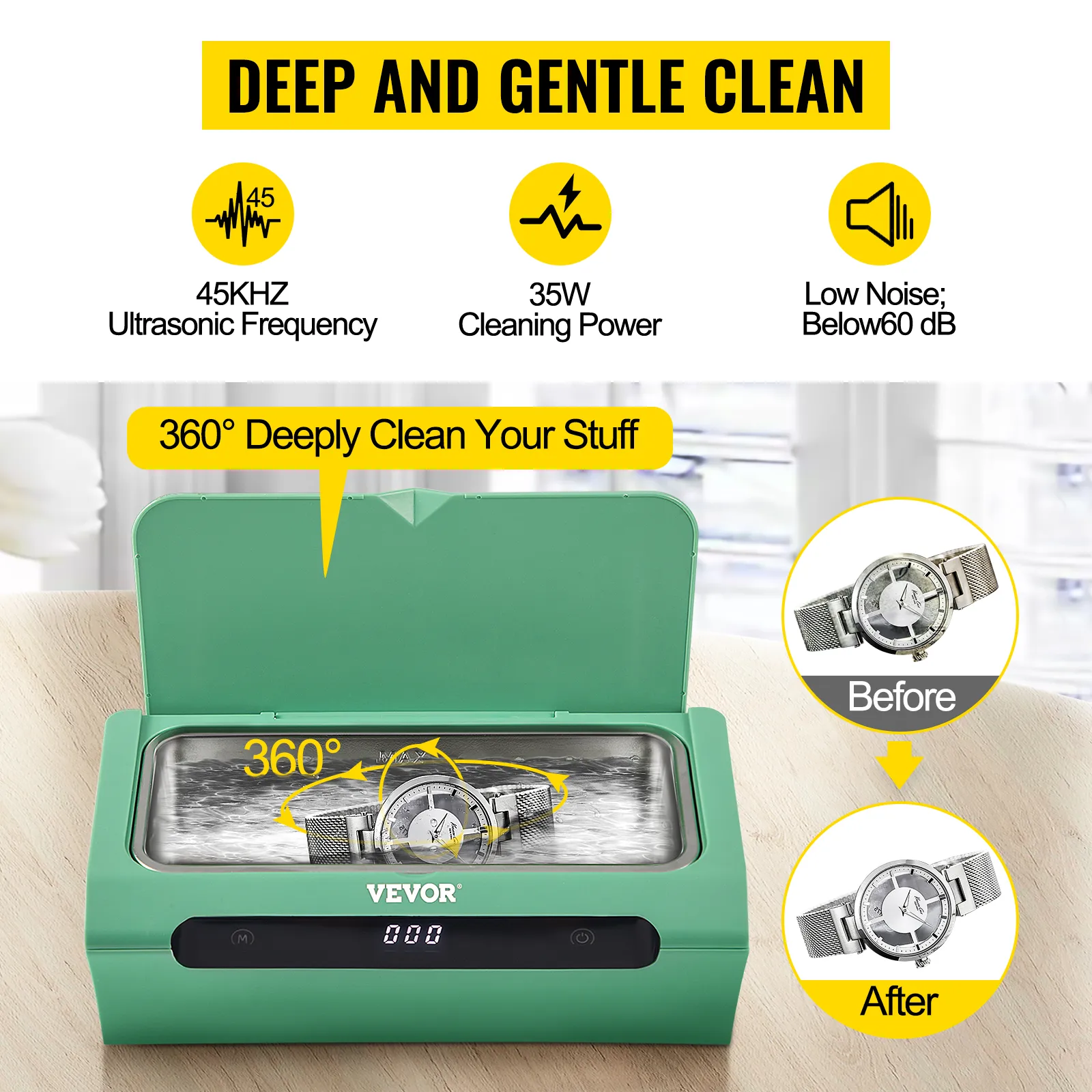 Limpiador ultrasónico de joyas VEVOR que proporciona una limpieza profunda de 360°, frecuencia ultrasónica de 45 kHz y bajo nivel de ruido.