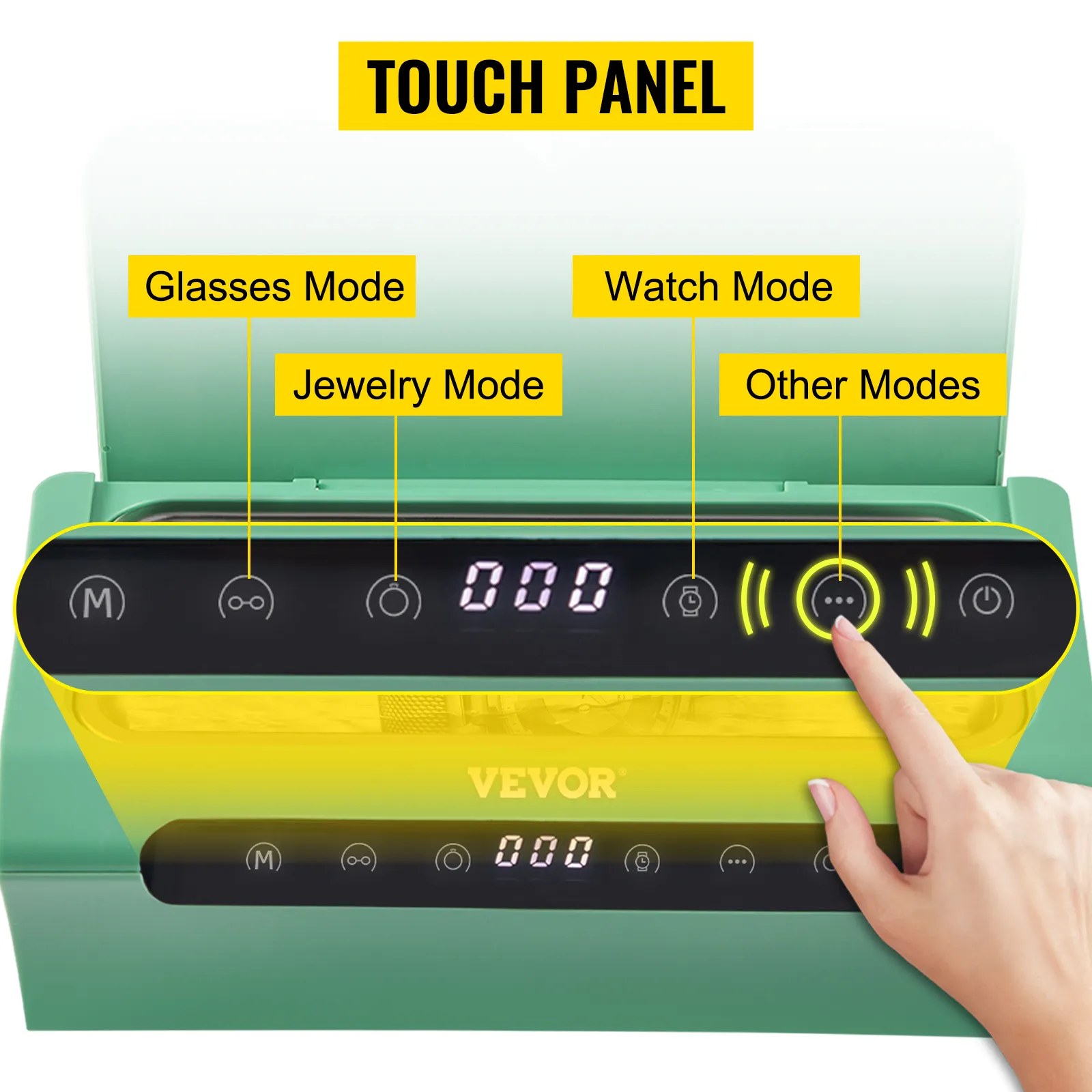Panel táctil del limpiador de joyas ultrasónico VEVOR que muestra gafas, relojes, joyas y otros modos de limpieza.