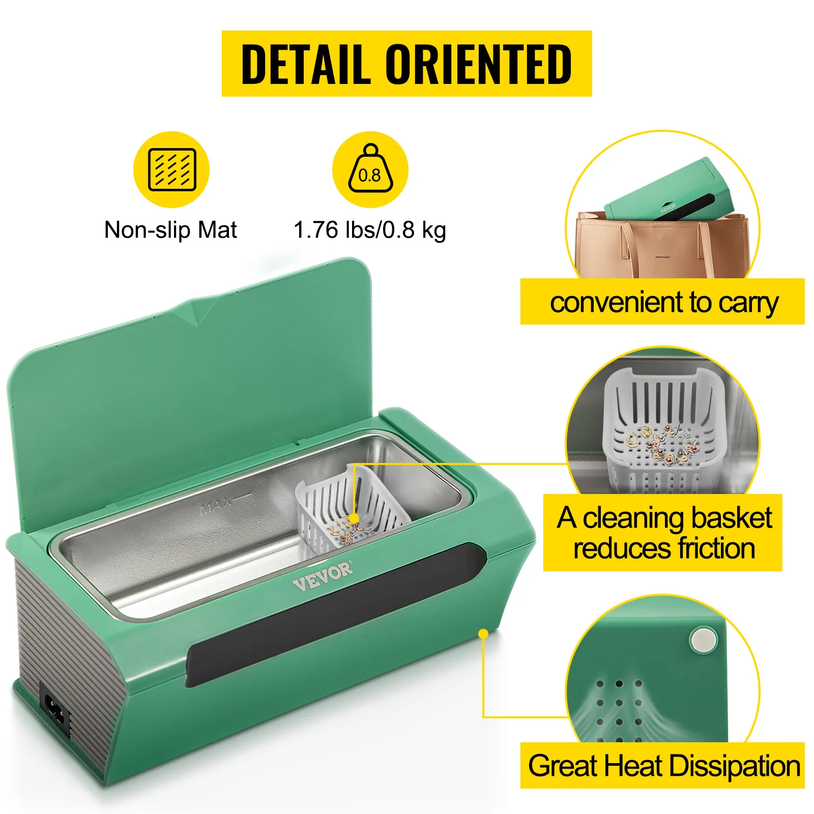 Limpiador ultrasónico de joyas VEVOR, verde, tapa abierta, alfombrilla antideslizante, cesta de limpieza, ligero, portátil.