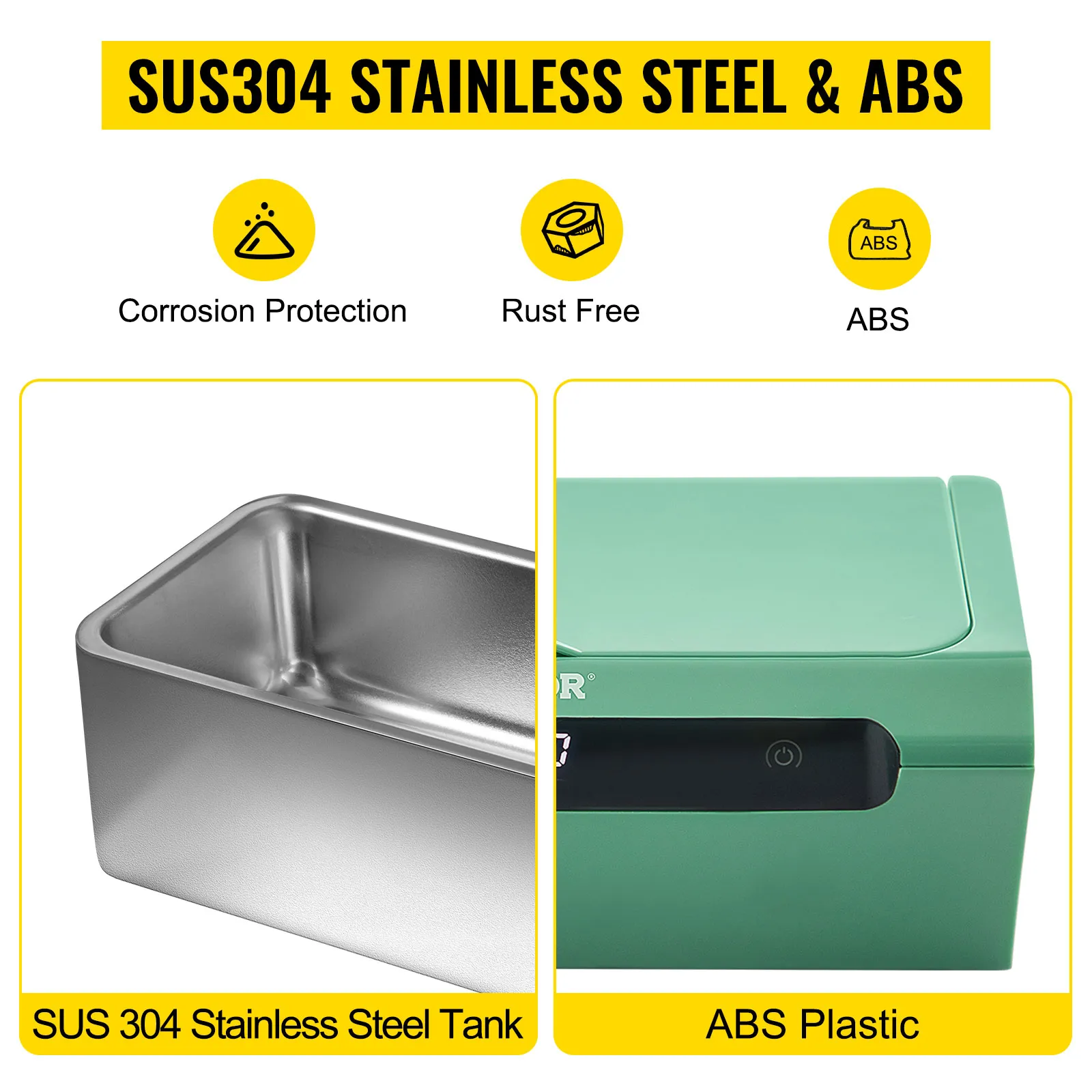 Limpiador ultrasónico de joyas VEVOR con tanque de acero inoxidable sus304 y diseño de plástico ABS. Protección contra la corrosión.